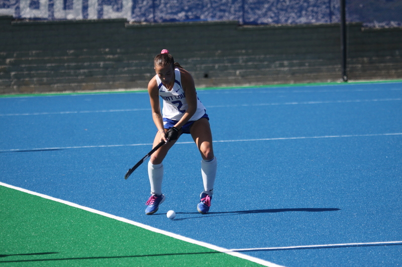 IMG_0474.jpg :: Saint Louis University (SLU) Women's Field Hockey vs University of California Davis 2025 at the SLU Field Hockey Complex. UC Davis won 2 to 1. The UC Davis players are wearing pink shoes and there are Pink Ribbons painted on the players sticks. Today is Billikens Pink Game for Breast Cancer Awareness and Alumnae Day. This is the second season at the new SLU Field Hockey Complex, and it marks, the 50th anniversary of the St. Louis University Field Hockey program which began in 1975. NCAA Division I 