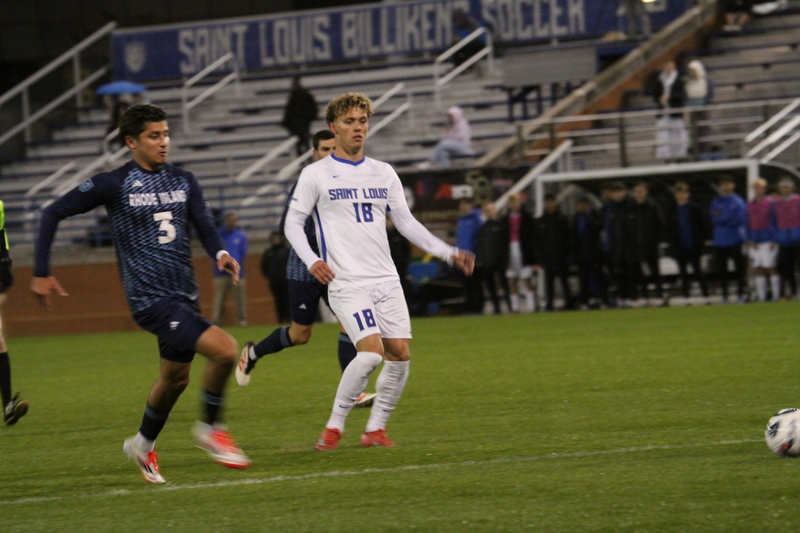 Saint Louis University (SLU) Mens Soccer vs Rhode Island 2025 XXIII.jpg :: Saint Louis University (SLU) Billikens' Men's Soccer vs University of Rhode Island (URI) Rams 2025 at Robert R. Hermann Stadium in St. Louis, Missouri, USA. November 1st 2025 the match ended in a 1-1 tie. The night was cold and damp with a rain that mild but steady. NCAA Men's Soccer in the A10 Conference. 