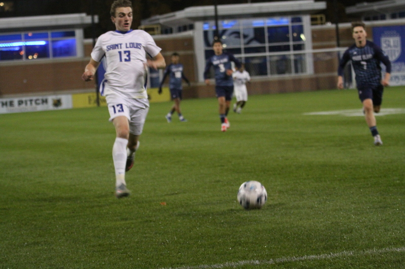 Saint Louis University (SLU) Mens Soccer vs Rhode Island 2025 XXV.jpg :: Saint Louis University (SLU) Billikens' Men's Soccer vs University of Rhode Island (URI) Rams 2025 at Robert R. Hermann Stadium in St. Louis, Missouri, USA. November 1st 2025 the match ended in a 1-1 tie. The night was cold and damp with a rain that mild but steady. NCAA Men's Soccer in the A10 Conference. 