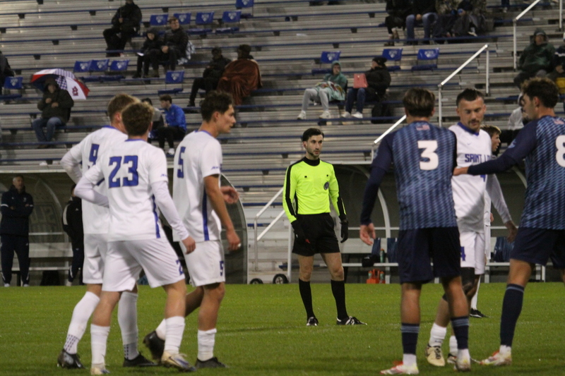 Saint Louis University (SLU) Mens Soccer vs Rhode Island 2025 XXVII.jpg :: Saint Louis University (SLU) Billikens' Men's Soccer vs University of Rhode Island (URI) Rams 2025 at Robert R. Hermann Stadium in St. Louis, Missouri, USA. November 1st 2025 the match ended in a 1-1 tie. The night was cold and damp with a rain that mild but steady. NCAA Men's Soccer in the A10 Conference. 