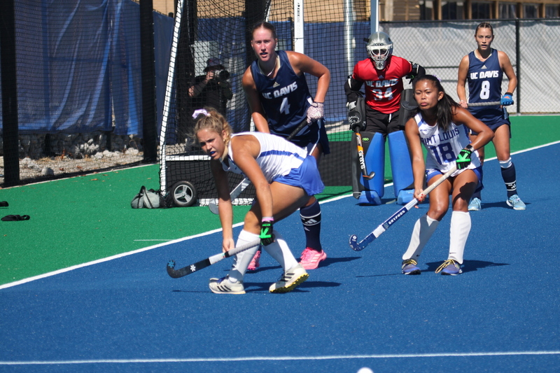 Saint Louis University (SLU) Womens Field Hockey vs UC Davis 2025 CI.jpg :: Saint Louis University (SLU) Women's Field Hockey vs University of California Davis 2025 at the SLU Field Hockey Complex. UC Davis won 2 to 1. The UC Davis players are wearing pink shoes and there are Pink Ribbons painted on the players sticks. Today is Billikens Pink Game for Breast Cancer Awareness and Alumnae Day. This is the second season at the new SLU Field Hockey Complex, and it marks, the 50th anniversary of the St. Louis University Field Hockey program which began in 1975. NCAA Division I 