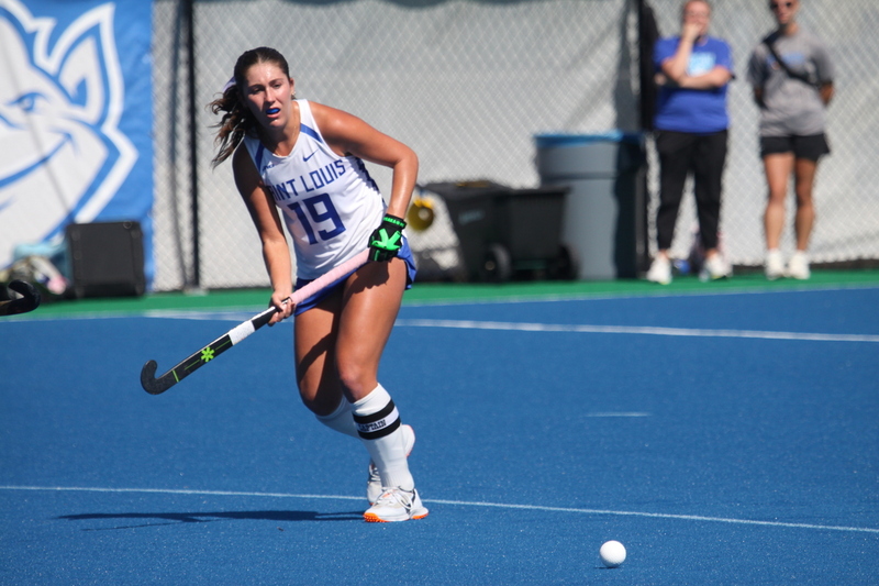 Saint Louis University (SLU) Womens Field Hockey vs UC Davis 2025 LXXVIII.jpg :: Saint Louis University (SLU) Women's Field Hockey vs University of California Davis 2025 at the SLU Field Hockey Complex. UC Davis won 2 to 1. The UC Davis players are wearing pink shoes and there are Pink Ribbons painted on the players sticks. Today is Billikens Pink Game for Breast Cancer Awareness and Alumnae Day. This is the second season at the new SLU Field Hockey Complex, and it marks, the 50th anniversary of the St. Louis University Field Hockey program which began in 1975. NCAA Division I 
