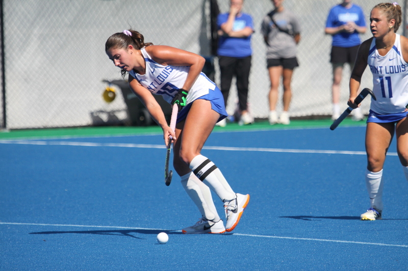 Saint Louis University (SLU) Womens Field Hockey vs UC Davis 2025 LXXX.jpg :: Saint Louis University (SLU) Women's Field Hockey vs University of California Davis 2025 at the SLU Field Hockey Complex. UC Davis won 2 to 1. The UC Davis players are wearing pink shoes and there are Pink Ribbons painted on the players sticks. Today is Billikens Pink Game for Breast Cancer Awareness and Alumnae Day. This is the second season at the new SLU Field Hockey Complex, and it marks, the 50th anniversary of the St. Louis University Field Hockey program which began in 1975. NCAA Division I 