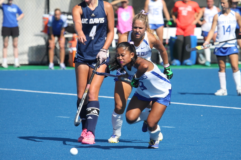 Saint Louis University (SLU) Womens Field Hockey vs UC Davis 2025 LXXXIII.jpg :: Saint Louis University (SLU) Women's Field Hockey vs University of California Davis 2025 at the SLU Field Hockey Complex. UC Davis won 2 to 1. The UC Davis players are wearing pink shoes and there are Pink Ribbons painted on the players sticks. Today is Billikens Pink Game for Breast Cancer Awareness and Alumnae Day. This is the second season at the new SLU Field Hockey Complex, and it marks, the 50th anniversary of the St. Louis University Field Hockey program which began in 1975. NCAA Division I 
