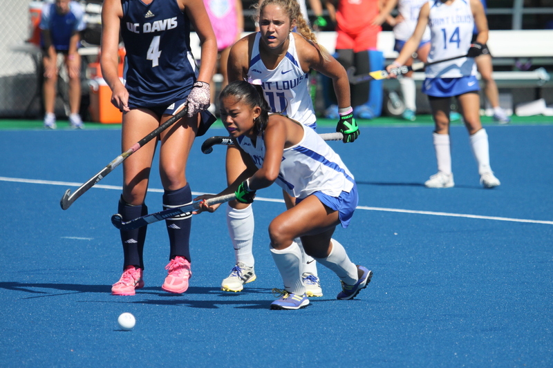 Saint Louis University (SLU) Womens Field Hockey vs UC Davis 2025 LXXXV.jpg :: Saint Louis University (SLU) Women's Field Hockey vs University of California Davis 2025 at the SLU Field Hockey Complex. UC Davis won 2 to 1. The UC Davis players are wearing pink shoes and there are Pink Ribbons painted on the players sticks. Today is Billikens Pink Game for Breast Cancer Awareness and Alumnae Day. This is the second season at the new SLU Field Hockey Complex, and it marks, the 50th anniversary of the St. Louis University Field Hockey program which began in 1975. NCAA Division I 