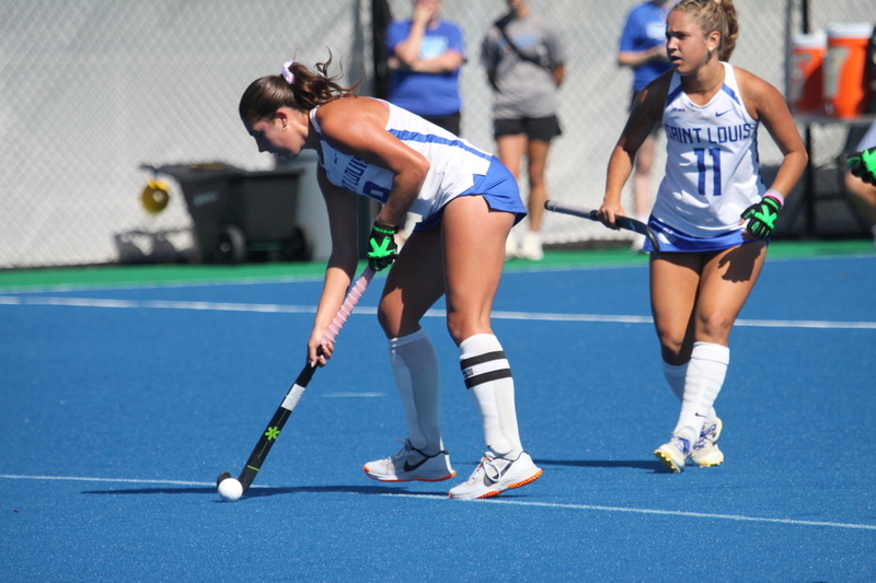 Saint Louis University (SLU) Womens Field Hockey vs UC Davis 2025 LXXXX.jpg :: Saint Louis University (SLU) Women's Field Hockey vs University of California Davis 2025 at the SLU Field Hockey Complex. UC Davis won 2 to 1. The UC Davis players are wearing pink shoes and there are Pink Ribbons painted on the players sticks. Today is Billikens Pink Game for Breast Cancer Awareness and Alumnae Day. This is the second season at the new SLU Field Hockey Complex, and it marks, the 50th anniversary of the St. Louis University Field Hockey program which began in 1975. NCAA Division I 
