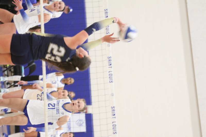 Saint Louis University (SLU) Womens Indoor Volleyball vs George Washington 2025 V.jpg :: Saint Louis University Womens Indoor Volleyball 11/07/2025 at the Chaifetz Arena in St. Louis, Missouri, USA. The Billikens faced George Washington University in a three-game loss the Revolutionaries sweep the match up. The two teams battled on Military Appreciation Night. NCAA Division I Women's Indoor Volleyball. Both teams are in the Atlantic 10 Conference.
