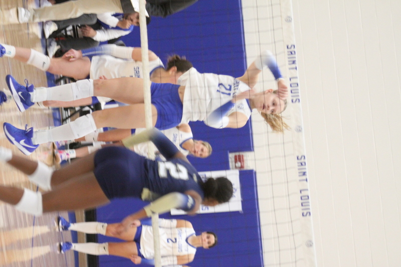 Saint Louis University (SLU) Womens Indoor Volleyball vs George Washington 2025 VII.jpg :: Saint Louis University Womens Indoor Volleyball 11/07/2025 at the Chaifetz Arena in St. Louis, Missouri, USA. The Billikens faced George Washington University in a three-game loss the Revolutionaries sweep the match up. The two teams battled on Military Appreciation Night. NCAA Division I Women's Indoor Volleyball. Both teams are in the Atlantic 10 Conference.
