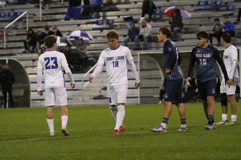 Saint Louis University Mens Soccer vs University of Rhode Island 2025 XI.jpg :: Saint Louis University (SLU) Men's Soccer vs University of Rhode Island (URI) at Robert R. Hermann Stadium in St. Louis, Missouri, USA on a wet and cold night. The rain began in early afternoon and continued off and on all night. This was a Division I match up of NCAA Men's Soccer November 1st 2025. 