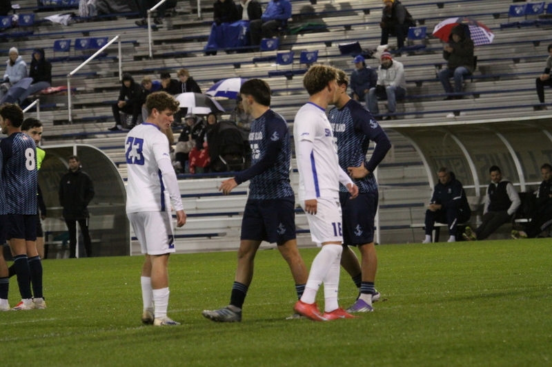 Saint Louis University Mens Soccer vs University of Rhode Island 2025 XII.jpg :: Saint Louis University (SLU) Men's Soccer vs University of Rhode Island (URI) at Robert R. Hermann Stadium in St. Louis, Missouri, USA on a wet and cold night. The rain began in early afternoon and continued off and on all night. This was a Division I match up of NCAA Men's Soccer November 1st 2025. 