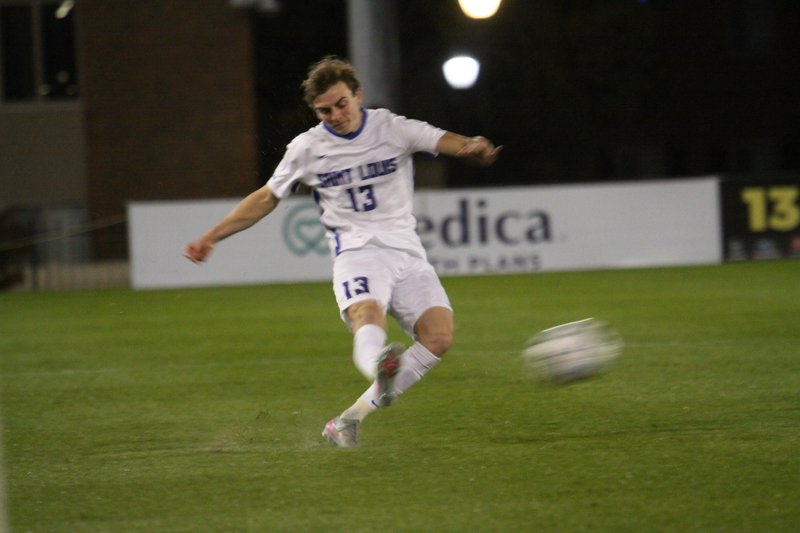 Saint Louis University Mens Soccer vs University of Rhode Island 2025 XIII.jpg :: Saint Louis University (SLU) Men's Soccer vs University of Rhode Island (URI) at Robert R. Hermann Stadium in St. Louis, Missouri, USA on a wet and cold night. The rain began in early afternoon and continued off and on all night. This was a Division I match up of NCAA Men's Soccer November 1st 2025. 