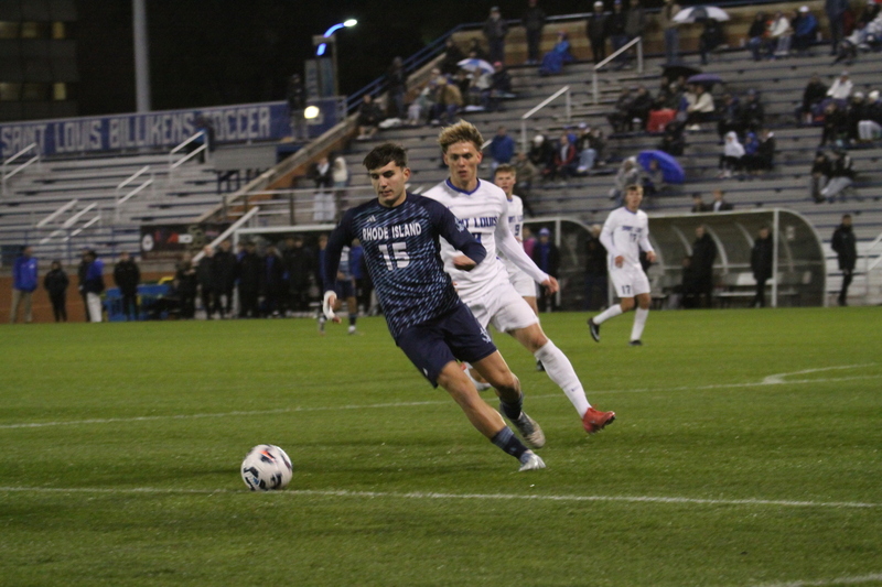 Saint Louis University Mens Soccer vs University of Rhode Island 2025 XV.jpg :: Saint Louis University (SLU) Men's Soccer vs University of Rhode Island (URI) at Robert R. Hermann Stadium in St. Louis, Missouri, USA on a wet and cold night. The rain began in early afternoon and continued off and on all night. This was a Division I match up of NCAA Men's Soccer November 1st 2025. 