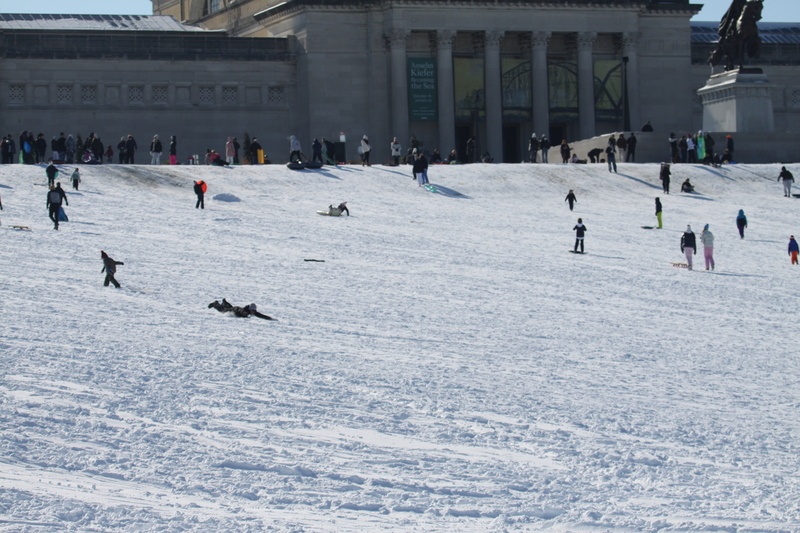 Sledding Art Hill 2026 XXXIX.jpg :: Sledding Forest Park-St. Louis, Missouri, USA at Norman K. Probstein Golf Course and Art Hill is a seasonal activity enjoyed for over a century. The first sledders used folding chairs after the 1904 World's Fair. Art Hill leads to the Grand Basin from the Art Museum in Forest Park the hillside had cascading falls and fountains that spilled into the Grand Basin which was used for gondolas. 01/26/2026 