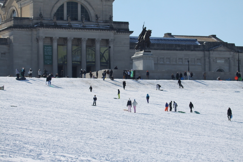 Sledding Art Hill 2026 XXXVI.jpg :: Sledding Forest Park-St. Louis, Missouri, USA at Norman K. Probstein Golf Course and Art Hill is a seasonal activity enjoyed for over a century. The first sledders used folding chairs after the 1904 World's Fair. Art Hill leads to the Grand Basin from the Art Museum in Forest Park the hillside had cascading falls and fountains that spilled into the Grand Basin which was used for gondolas. 01/26/2026 