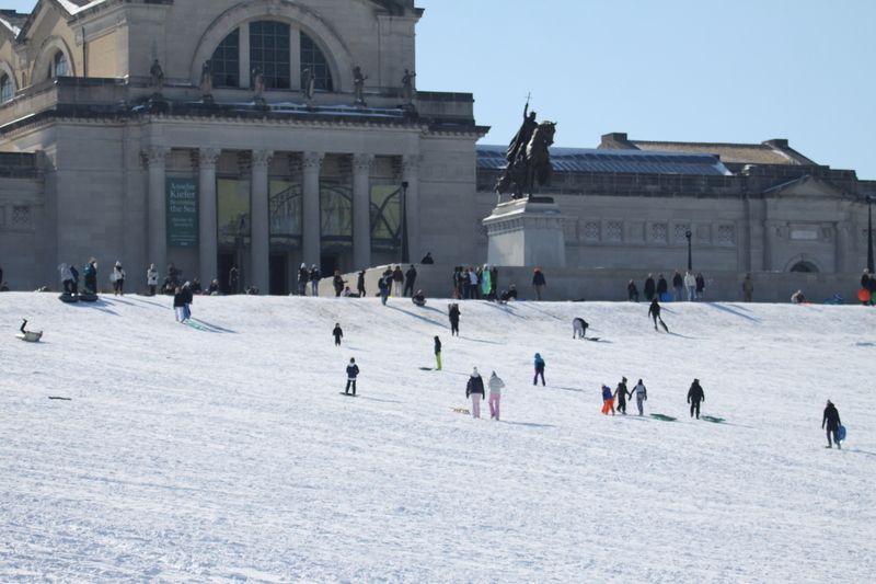 Sledding Art Hill 2026 XXXVII.jpg :: Sledding Forest Park-St. Louis, Missouri, USA at Norman K. Probstein Golf Course and Art Hill is a seasonal activity enjoyed for over a century. The first sledders used folding chairs after the 1904 World's Fair. Art Hill leads to the Grand Basin from the Art Museum in Forest Park the hillside had cascading falls and fountains that spilled into the Grand Basin which was used for gondolas. 01/26/2026 