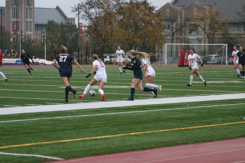 Wash U (Bears) vs University of Rochester Womens Soccer 2023 IV.jpg :: Wash U (BEARS) vs University of Rochester women's soccer 2023. The match was held at Francis Olympic Field in St. Louis, Missouri, USA. Wash U lost 1-0 on a wet dreary day. This is a Division III NCAA sports event. 