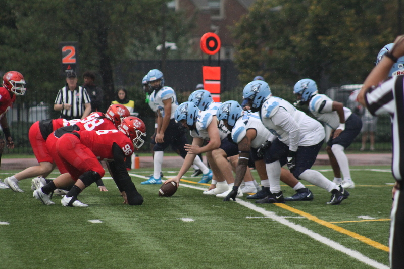 Wash U Football vs Elmhurst University 2025 IV.jpg :: Wash U (Bears) vs Elmhurst University (Bluejays) football on October 18th 2025, at Francis Olympic Field in St. Louis, Missouri, USA. It was a very rainy Saturday afternoon in the Greater St. Louis area. The game was delayed two and half hours due to weather before the teams were able to complete a quarter and half before stoppage in the second quarter. The game was played to the halftime break. This is when the game could be called a complete game. It never really stopped raining from noon however it was lightening that causes play stoppage. NCAA, CCIW DIII