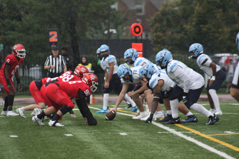 Wash U Football vs Elmhurst University 2025 VI.jpg :: Wash U (Bears) vs Elmhurst University (Bluejays) football on October 18th 2025, at Francis Olympic Field in St. Louis, Missouri, USA. It was a very rainy Saturday afternoon in the Greater St. Louis area. The game was delayed two and half hours due to weather before the teams were able to complete a quarter and half before stoppage in the second quarter. The game was played to the halftime break. This is when the game could be called a complete game. It never really stopped raining from noon however it was lightening that causes play stoppage. NCAA, CCIW DIII