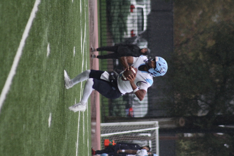 Wash U Football vs Elmhurst University 2025 VIII.jpg :: Wash U (Bears) vs Elmhurst University (Bluejays) football on October 18th 2025, at Francis Olympic Field in St. Louis, Missouri, USA. It was a very rainy Saturday afternoon in the Greater St. Louis area. The game was delayed two and half hours due to weather before the teams were able to complete a quarter and half before stoppage in the second quarter. The game was played to the halftime break. This is when the game could be called a complete game. It never really stopped raining from noon however it was lightening that causes play stoppage. NCAA, CCIW DIII