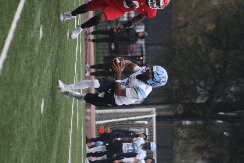 Wash U Football vs Elmhurst University 2025 X.jpg :: Wash U (Bears) vs Elmhurst University (Bluejays) football on October 18th 2025, at Francis Olympic Field in St. Louis, Missouri, USA. It was a very rainy Saturday afternoon in the Greater St. Louis area. The game was delayed two and half hours due to weather before the teams were able to complete a quarter and half before stoppage in the second quarter. The game was played to the halftime break. This is when the game could be called a complete game. It never really stopped raining from noon however it was lightening that causes play stoppage. NCAA, CCIW DIII