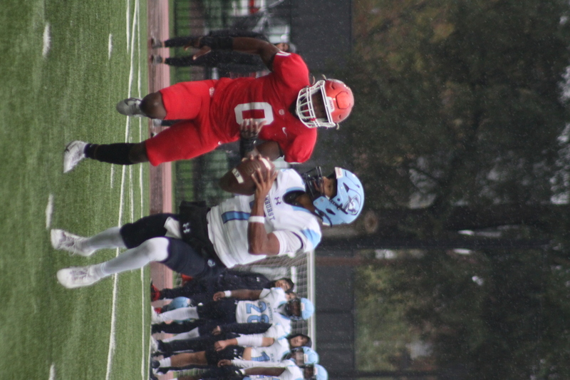 Wash U Football vs Elmhurst University 2025 XII.jpg :: Wash U (Bears) vs Elmhurst University (Bluejays) football on October 18th 2025, at Francis Olympic Field in St. Louis, Missouri, USA. It was a very rainy Saturday afternoon in the Greater St. Louis area. The game was delayed two and half hours due to weather before the teams were able to complete a quarter and half before stoppage in the second quarter. The game was played to the halftime break. This is when the game could be called a complete game. It never really stopped raining from noon however it was lightening that causes play stoppage. NCAA, CCIW DIII