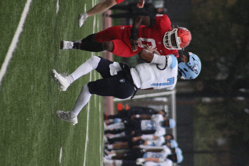 Wash U Football vs Elmhurst University 2025 XIV.jpg :: Wash U (Bears) vs Elmhurst University (Bluejays) football on October 18th 2025, at Francis Olympic Field in St. Louis, Missouri, USA. It was a very rainy Saturday afternoon in the Greater St. Louis area. The game was delayed two and half hours due to weather before the teams were able to complete a quarter and half before stoppage in the second quarter. The game was played to the halftime break. This is when the game could be called a complete game. It never really stopped raining from noon however it was lightening that causes play stoppage. NCAA, CCIW DIII