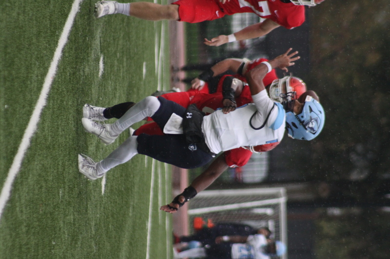 Wash U Football vs Elmhurst University 2025 XVI.jpg :: Wash U (Bears) vs Elmhurst University (Bluejays) football on October 18th 2025, at Francis Olympic Field in St. Louis, Missouri, USA. It was a very rainy Saturday afternoon in the Greater St. Louis area. The game was delayed two and half hours due to weather before the teams were able to complete a quarter and half before stoppage in the second quarter. The game was played to the halftime break. This is when the game could be called a complete game. It never really stopped raining from noon however it was lightening that causes play stoppage. NCAA, CCIW DIII