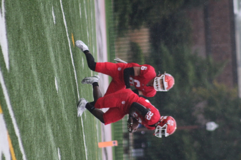 Wash U Football vs Elmhurst University 2025 XXI.jpg :: Wash U (Bears) vs Elmhurst University (Bluejays) football on October 18th 2025, at Francis Olympic Field in St. Louis, Missouri, USA. It was a very rainy Saturday afternoon in the Greater St. Louis area. The game was delayed two and half hours due to weather before the teams were able to complete a quarter and half before stoppage in the second quarter. The game was played to the halftime break. This is when the game could be called a complete game. It never really stopped raining from noon however it was lightening that causes play stoppage. NCAA, CCIW DIII
