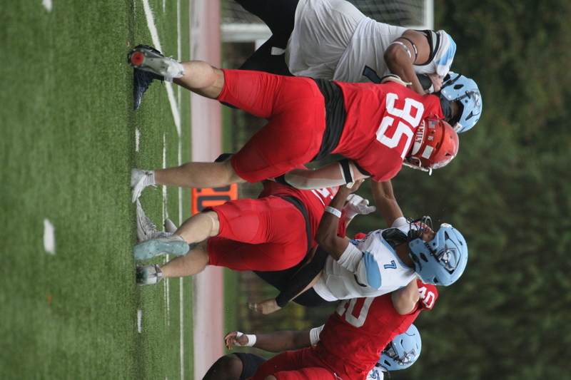 Wash U Football vs Elmhurst University 2025 XXXIII.jpg :: Wash U (Bears) vs Elmhurst University (Bluejays) football on October 18th 2025, at Francis Olympic Field in St. Louis, Missouri, USA. It was a very rainy Saturday afternoon in the Greater St. Louis area. The game was delayed two and half hours due to weather before the teams were able to complete a quarter and half before stoppage in the second quarter. The game was played to the halftime break. This is when the game could be called a complete game. It never really stopped raining from noon however it was lightening that causes play stoppage. NCAA, CCIW DIII
