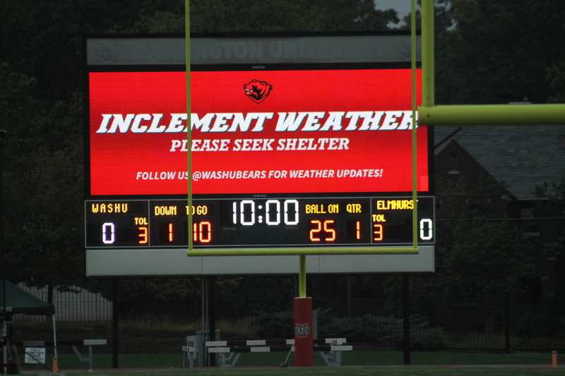 Wash U Football vs Elmhurst University 2025.jpg :: Wash U (Bears) vs Elmhurst University (Bluejays) football on October 18th 2025, at Francis Olympic Field in St. Louis, Missouri, USA. It was a very rainy Saturday afternoon in the Greater St. Louis area. The game was delayed two and half hours due to weather before the teams were able to complete a quarter and half before stoppage in the second quarter. The game was played to the halftime break. This is when the game could be called a complete game. It never really stopped raining from noon however it was lightening that causes play stoppage. NCAA, CCIW DIII