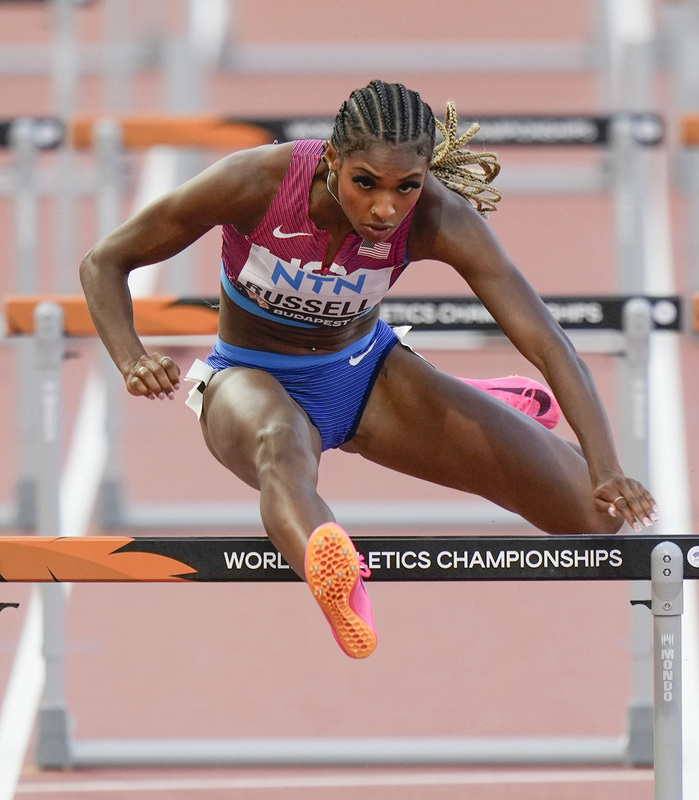 _SA12942(1).jpg :: Budapest,HUN,  22 Aug 2023 Ackera Nugent (JAM) (L) Masai Russell (USA) in action during the World Athletics Championships 2023
National Athletics Centre
Budapest at National Athletics Centre Budapest Hungary on August 22 2023 Alamy Live News