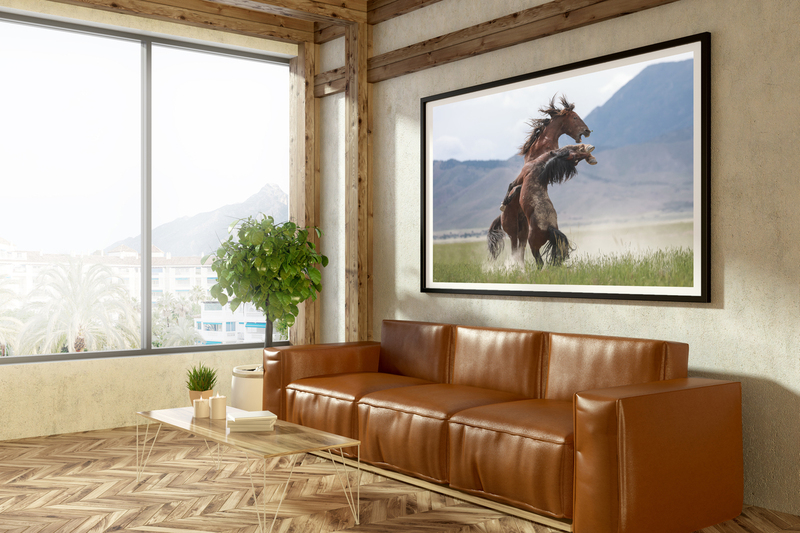 Burn.jpg :: Beige minimalistic living room corner with a wooden floor, panoramic windows, a brown leather sofa standing next to a coffee table and tree in pot. 3d rendering Horizontal mock up poster frame