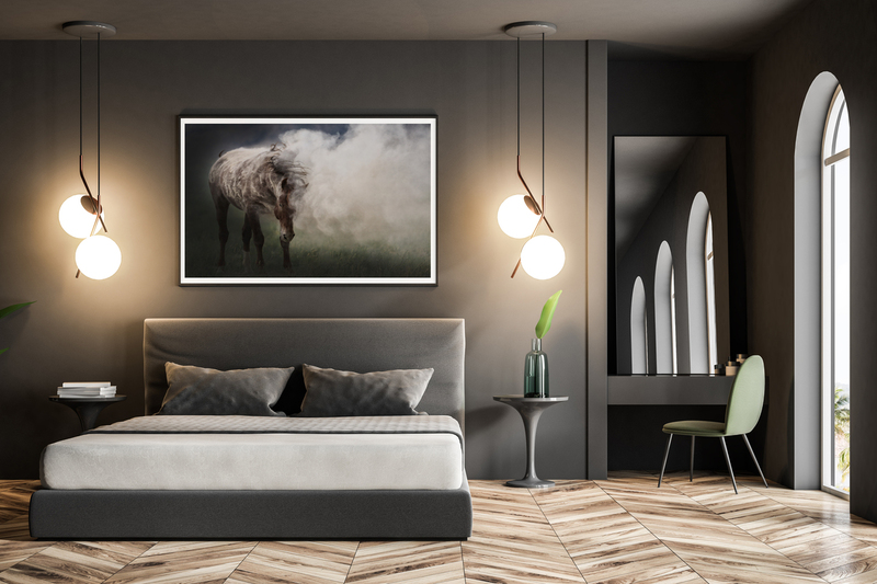Coppers Domain.jpg :: Modern bedroom interior with dark gray walls, a wooden floor, a double bed and a makeup table with a tall mirror in the corner. A horizontal poster above the bed, 3d rendering mock up