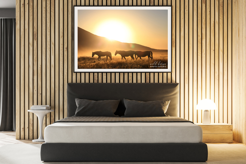 Depositphotos_201912550_xl-2015.jpg :: Master bedroom interior with wooden walls, a gray master bed and a lamp standing on a bedside table. A horizontal poster frame on the wall. 3d rendering mock up