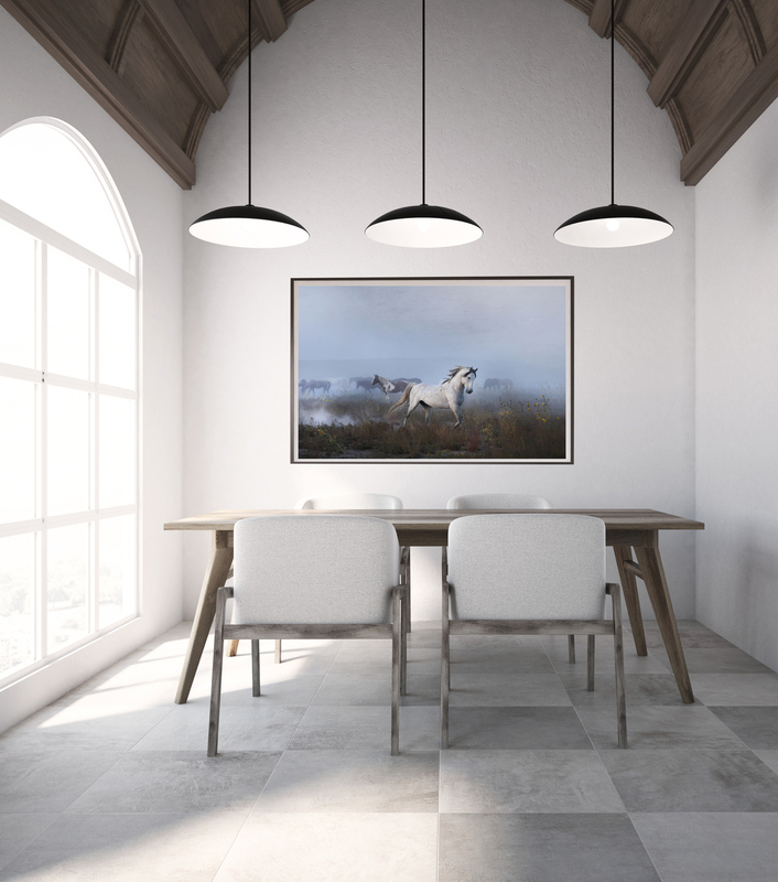 Dimes Twilight Dust.jpg :: Side view of a cozy attic restaurant interior with a tiled floor, a loft window, white walls and a long table with white chairs standing around it. 3d rendering mock up