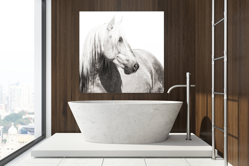 Glory.jpg :: Modern bathroom interior with dark wooden walls, a white floor, and a white tub with a poster hanging above it. 3d rendering mock up