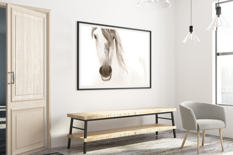 Goliath Portrait.jpg :: Side view of modern hallway interior with furniture, empty banner on wall and city view. Mock up, 3D Rendering