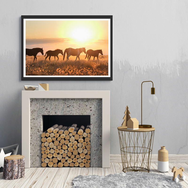 Janettlee Sunset.jpg :: Modern Christmas interior with a decorative fireplace, Scandinavian style. 3D illustration. poster mock up
