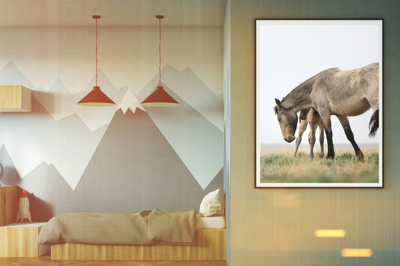 Lily and Petunia.jpg :: Close up of a kids room interior with a poster hanging above a bed, bookshelves and a blue chair. Mountain wallpaper. 3d rendering mock up toned image