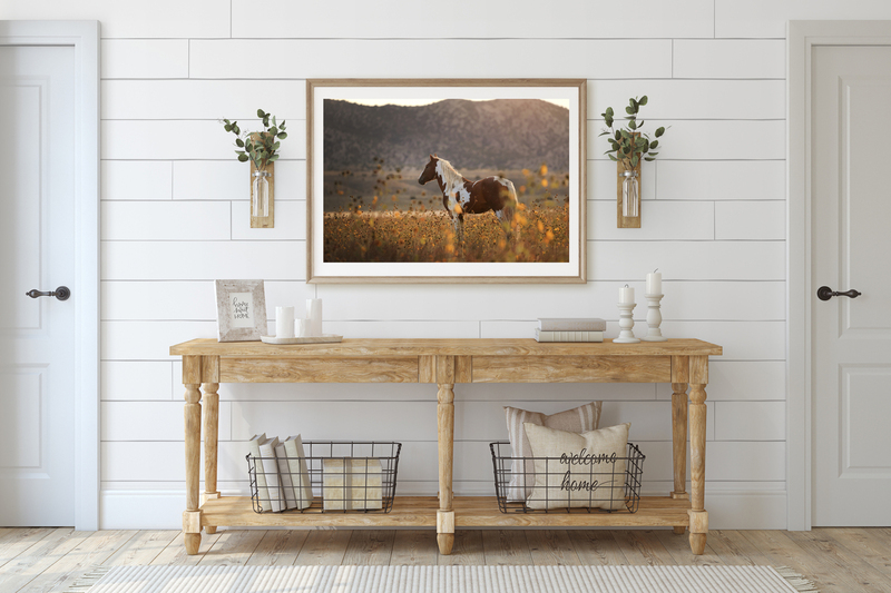 Lucas.jpg :: Farmhouse entryway. Wooden console table near white  wall. Frame mockup. 3d render.
