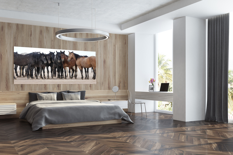 Morning Glory Family.jpg :: Wooden bedroom interior with a wooden floor, a master bed with bedside tables and a long horizontal poster hanging above it. A side view. 3d rendering mock up