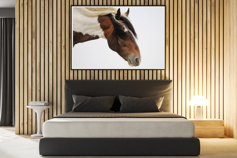Standing Guard.jpg :: Master bedroom interior with wooden walls, a gray master bed and a lamp standing on a bedside table. A horizontal poster frame on the wall. 3d rendering mock up