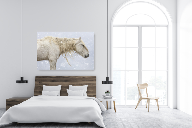 The Snowman.jpg :: Front view of Scandinavian style bedroom with white walls, a tiled floor, a clothes rack, and a master bed with bedside tables. 3d rendering mock up