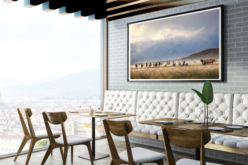 Thunderstorm Stampede.jpg :: Interior of small european restaurant with gray brick walls, concrete floor, loft window with city view and soft white sofas and chairs next to wooden tables. Horizontal mock up poster. 3d rendering
