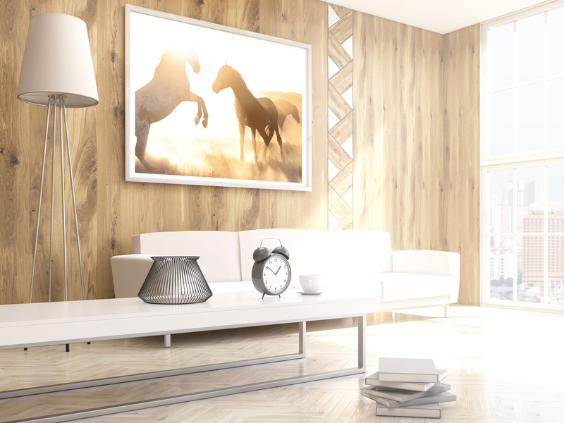 Thunderstruck.jpg :: Modern living room interior with blank picture frame, sofa, floor lamp and sunlight. Mock up, 3D Rendering