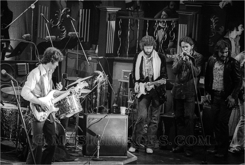 B106-15.jpg :: Robbie Robertson, Eric Clapton, Paul Butterfield & Bobby Charles @ The Band's Last Waltz - Winterland, San Francisco 11/25/76