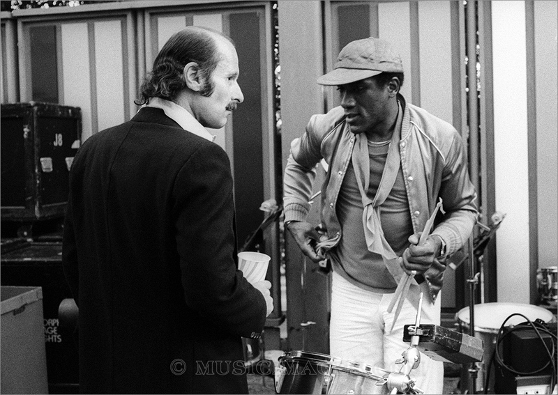 B562-3.jpg :: Joe Zawinal backstage with drummer Al Foster - Greek Theater, Berkeley, Ca. - May, 1979