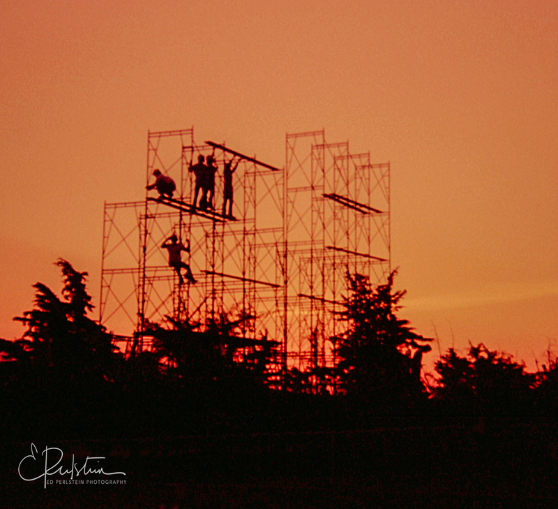 CN281-2.jpg :: Building the scaffolding for the Grateful Dead's Wall of Sound at Santa Barbara Stadium on May 25, 1974