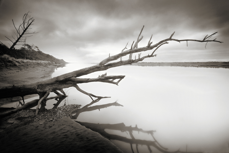 Cambium 1_25 (SOLD).jpg :: Archival monochrome pigment print of an original photograph made at the junction of The Mad River and Pacific Ocean, Humboldt County, California in January 2012.  Printed on A3 hand-made Japanese paper (Bizan) from Awagami Factory in Yoshinogawa Village, Shikoku island.  Signed and numbered 1/25 beneath an 8 ply mat with 8\