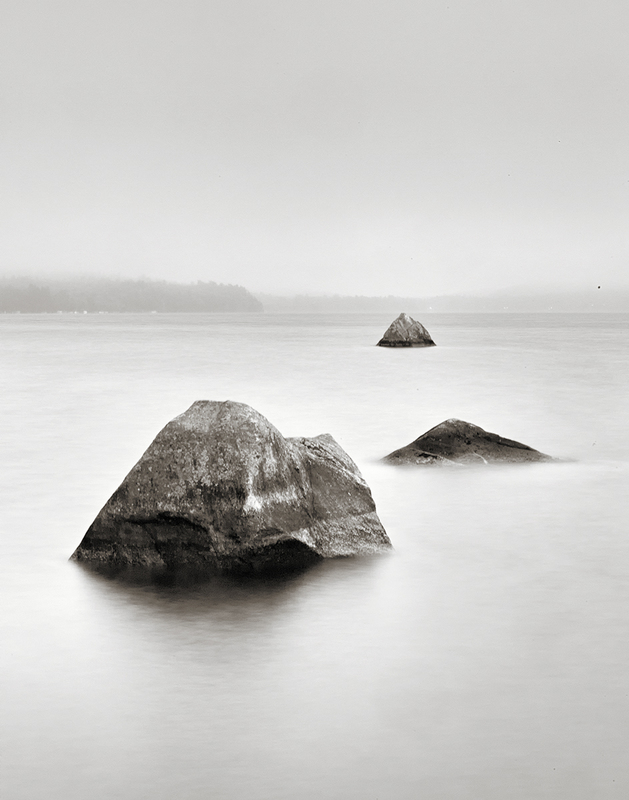 Three Stones 1_10 SOLD.jpg :: SOLD.  Archival pigment print of an original photograph made overlooking Thompson Lake near Oxford, ME in August 2019.  Printed on A3 hand-made Japanese paper (Bizan by Awagami Mills), signed and numbered 1/10, image size 11\